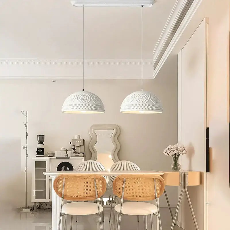 Two elegant white ceramic pendant lights with embossed patterns in decorbites french cream style led chandelier