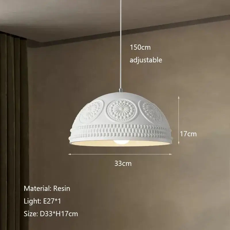 White resin french cream style led pendant light with embossed floral and beaded patterns for dining room decorbites french cream