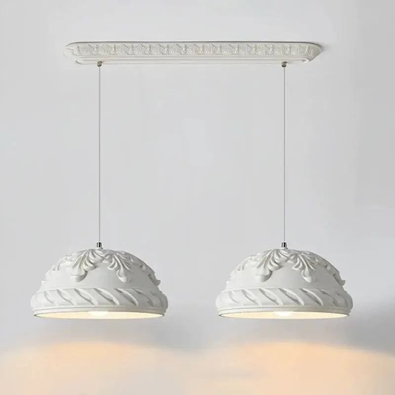 White ornate double pendant light fixture with floral scrollwork in french cream style led chandelier for dining room