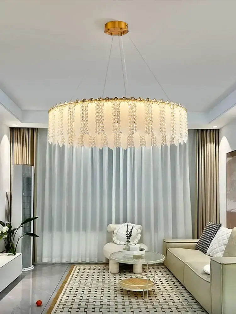 Luxurious gold-toned decorbites french cream wind crystal chandelier with cascading droplets in living room pendant light