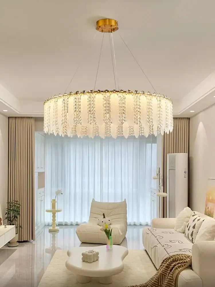 French cream wind crystal chandelier with cascading crystal droplets and gold-toned ceiling mount for living room decorbites french cream