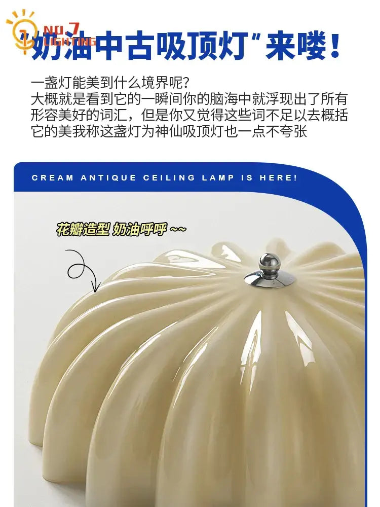 Cream-colored glossy ceramic ceiling lamp with fluted flower design and chrome finial decorbites cream wind fixture
