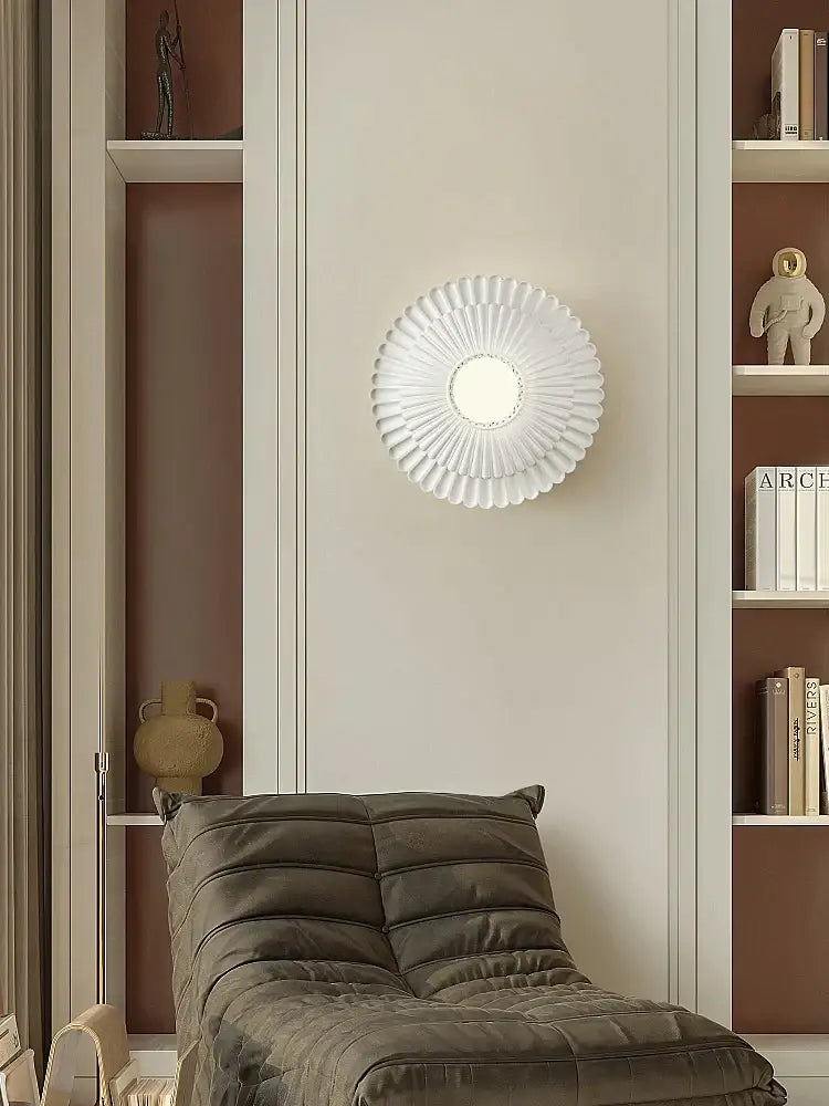 White circular wall lamp with fluted petal design in decorbites french cream for bedroom decorbites french cream wind