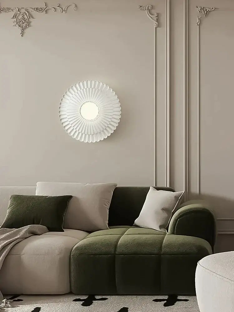 White circular wall lamp with fluted petal design french cream wind decorbites french cream bedroom decor