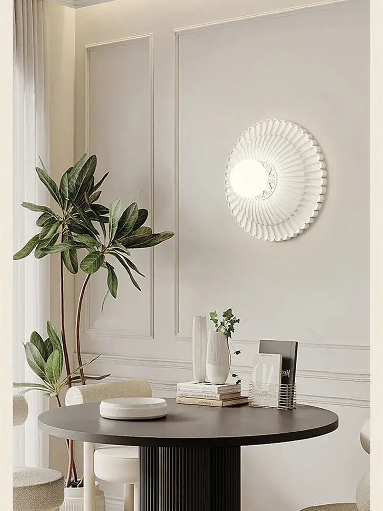 French cream wind sunburst wall lamp with white fluted petal design and illuminated panel for bedroom decorbites french cream