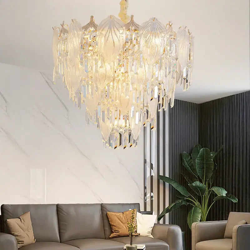 Elegant cream french crystal chandelier pendant light with leaf-shaped glass decorbites french crystal for dining room decor