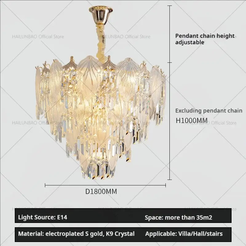 Elegant gold-plated french crystal chandelier with cascading k9 crystal leaves pendant light for dining room decorbites french crystal