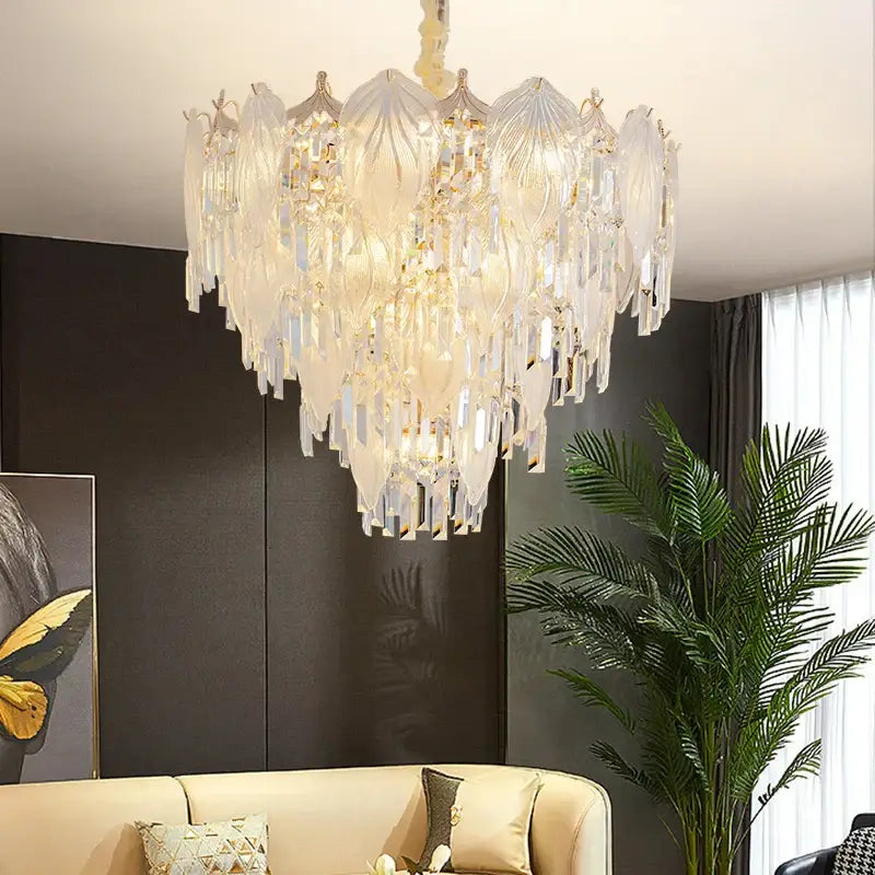 Elegant cream french crystal chandelier pendant light with layered leaf-shaped glass decorbites french crystal design