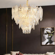 A luxurious cream french crystal chandelier pendant light with layered leaf glass and dangling clear crystals for dining room decorbites french crystal