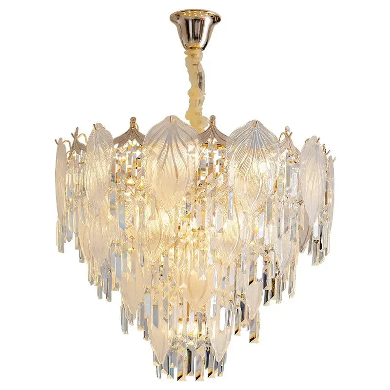 Elegant gold-toned decorbites French crystal chandelier pendant light with cream leaf shades for dining room decor
