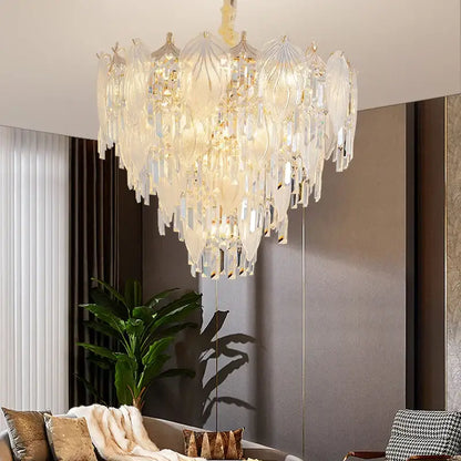 A luxurious cream french crystal chandelier pendant light with cascading clear and frosted glass for dining room decorbites french crystal