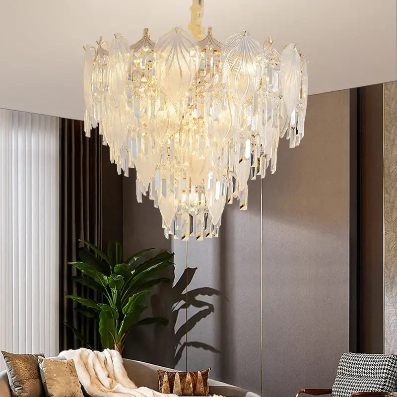 A luxurious cream french crystal chandelier pendant light with cascading clear and frosted glass for dining room decorbites french crystal
