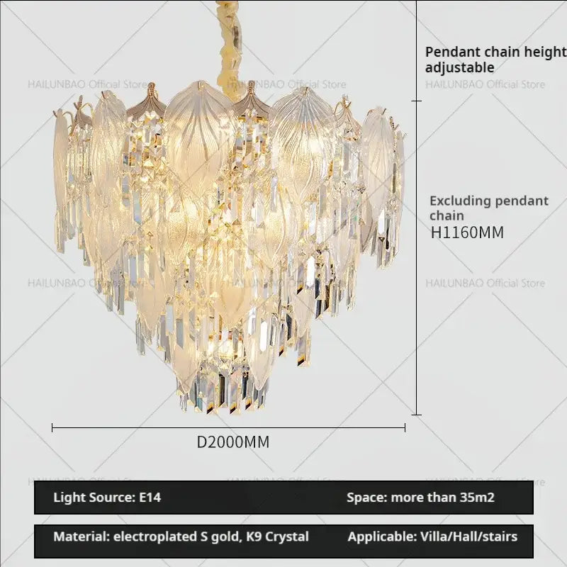 A luxurious heart-shaped french crystal chandelier pendant light with cascading k9 crystal prisms and gold accents
