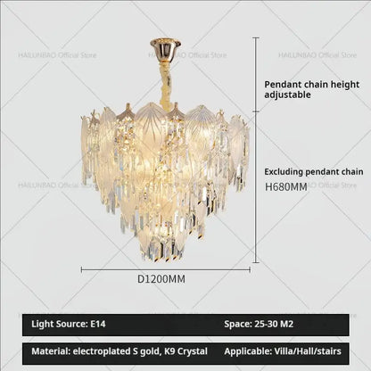 Gold-plated french crystal chandelier pendant light with cascading k9 crystal tiers and cream leaf decorbites design