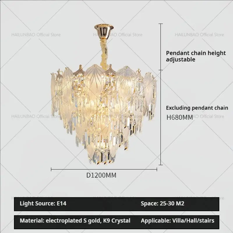 Gold-plated french crystal chandelier pendant light with cascading k9 crystal tiers and cream leaf decorbites design