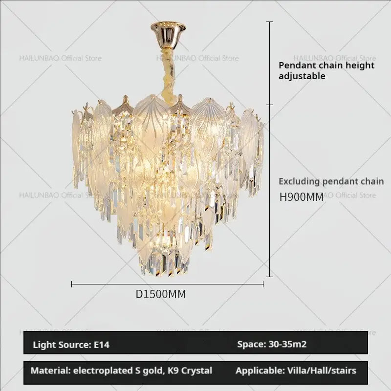 Gold electroplated French crystal chandelier with cascading K9 crystal tiers pendant light for dining room decorbites French crystal