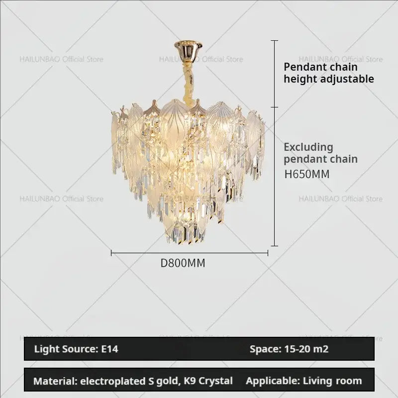 Gold electroplated french crystal chandelier with cascading k9 crystal tiers cream leaf pendant light decorbites