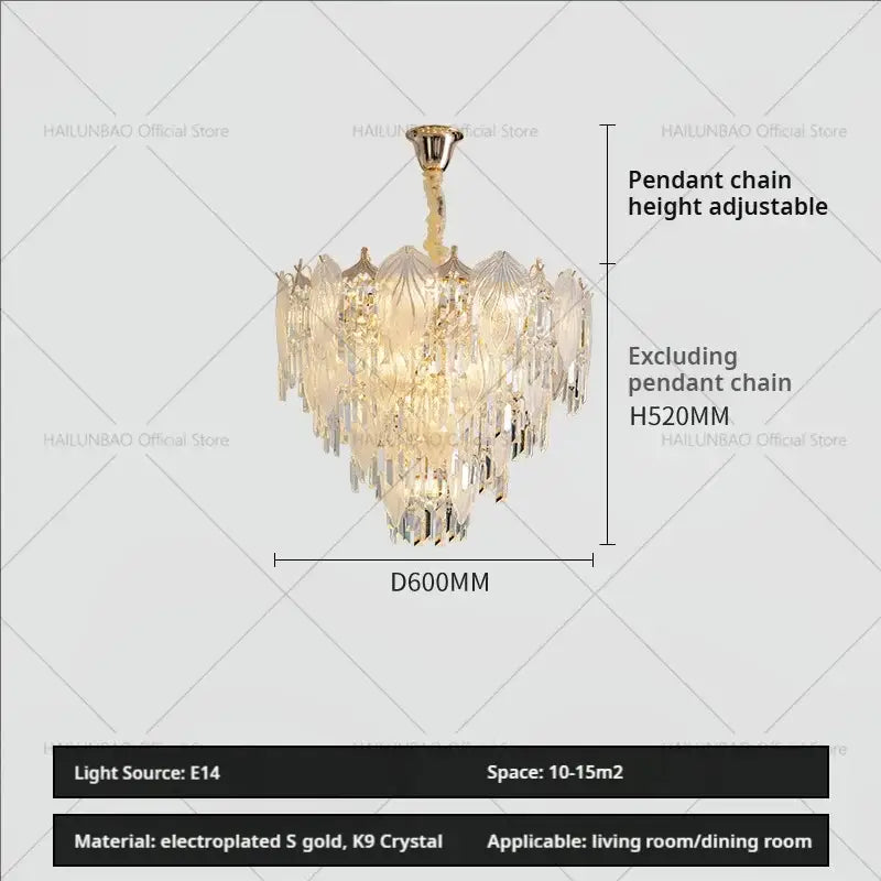 Multi-tiered gold-plated french crystal chandelier with cascading k9 crystal prisms pendant light for dining room decorbites french crystal