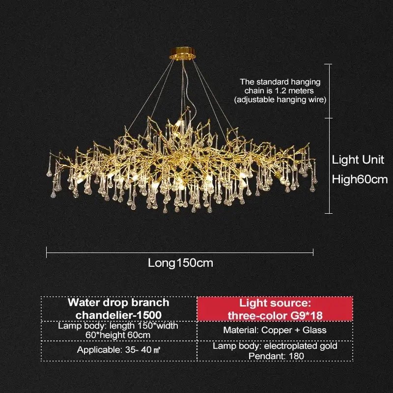 Gold electroplated french crystal chandelier with branching design and dangling pendants for dining room decorbites french crystal