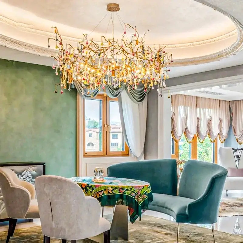 Gold branch french crystal chandelier with colorful beads and crystals enhances dining room decorbites french crystal light