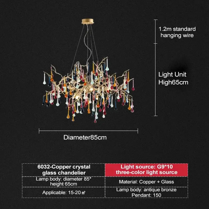A vibrant branching gold copper french crystal chandelier with colorful pendants for dining room decorbites french crystal decor