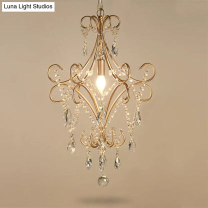 French Curvy Armed Ceiling Lamp with Crystal Draping in Gold - Metal Pendant