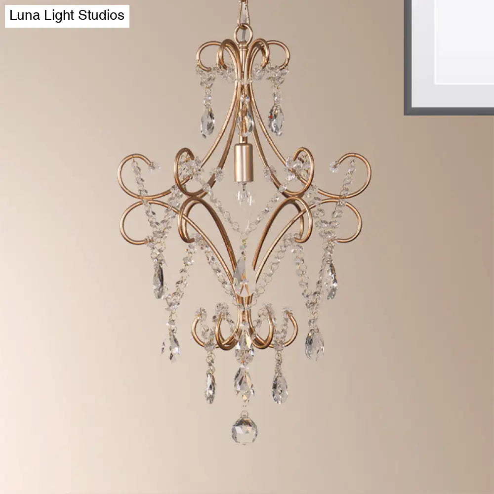 French Curvy Armed Ceiling Lamp with Crystal Draping in Gold - Metal Pendant