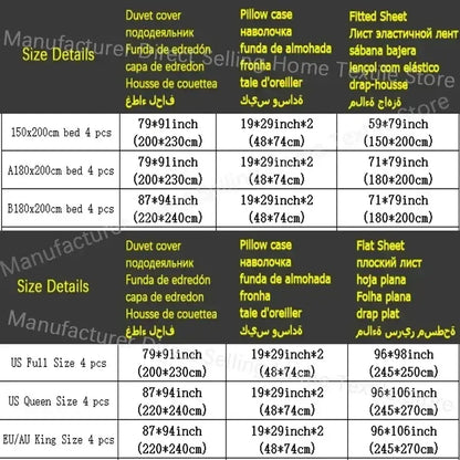Product size chart for decorbites french embroidered french embroidered cotton bedding set in cream and black with dimensions