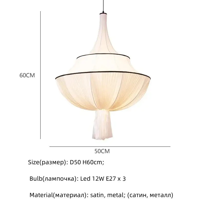 A modern tiered creamy e27 foyer chandelier with flowing satin fabric shade and black metal trim by decorbites