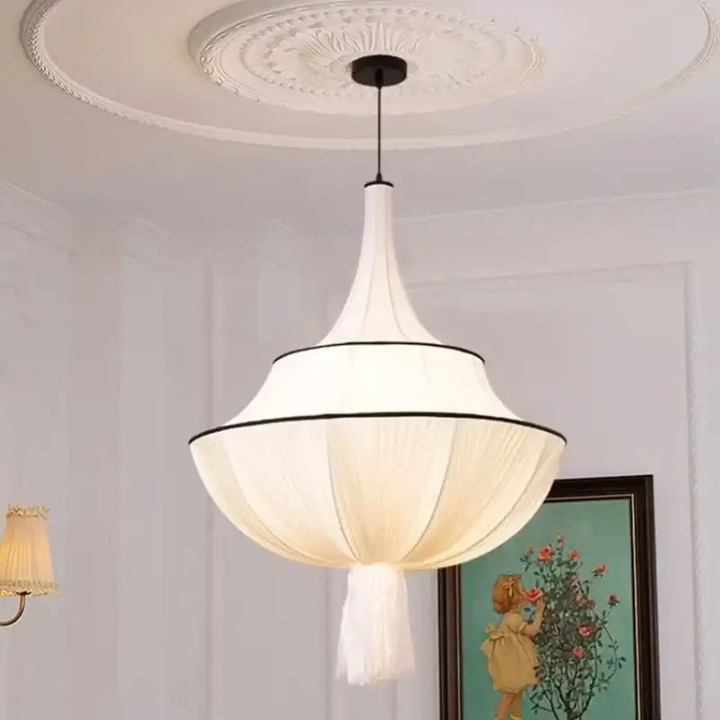 Elegant white fabric pendant light with black trim and tassel in decorbites creamy e27 foyer chandelier style