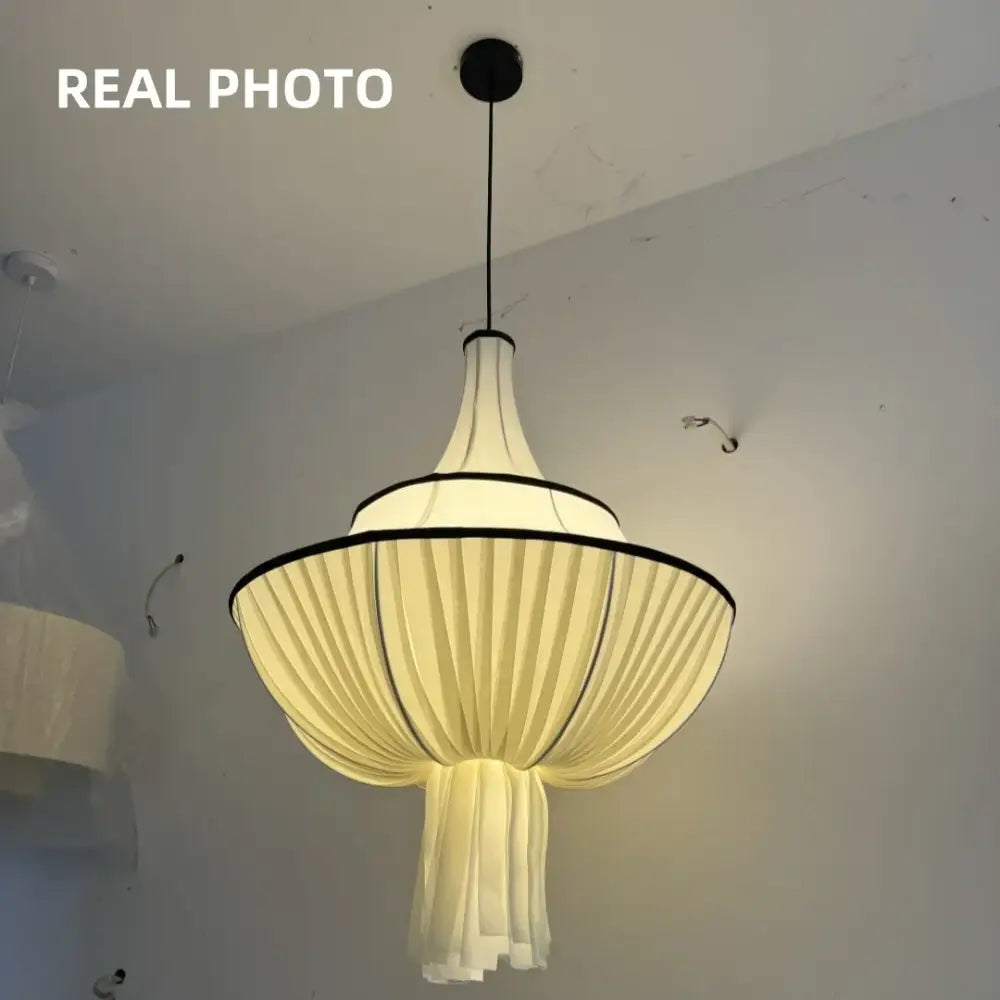 Cream-colored pleated fabric pendant light with black trim and tiered design for decorbites creamy e27 foyer chandelier