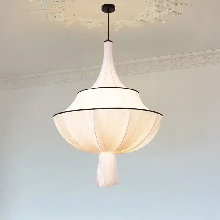 Elegant white tiered e27 foyer chandelier with black trim and flowing fabric fringe by decorbites creamy e27