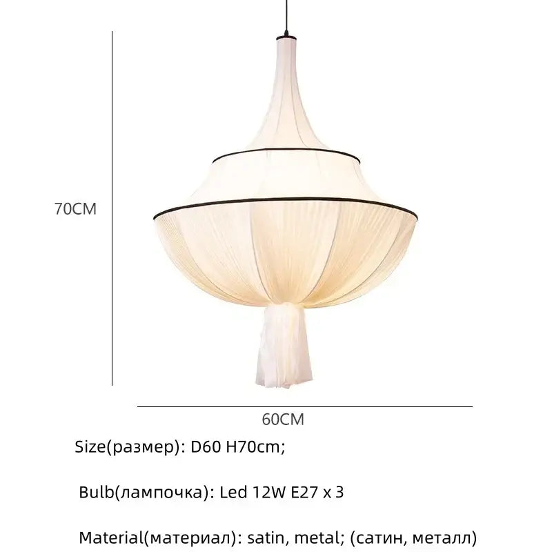 A modern creamy e27 foyer chandelier with tiered off-white satin fabric and metal accents for bedroom lighting