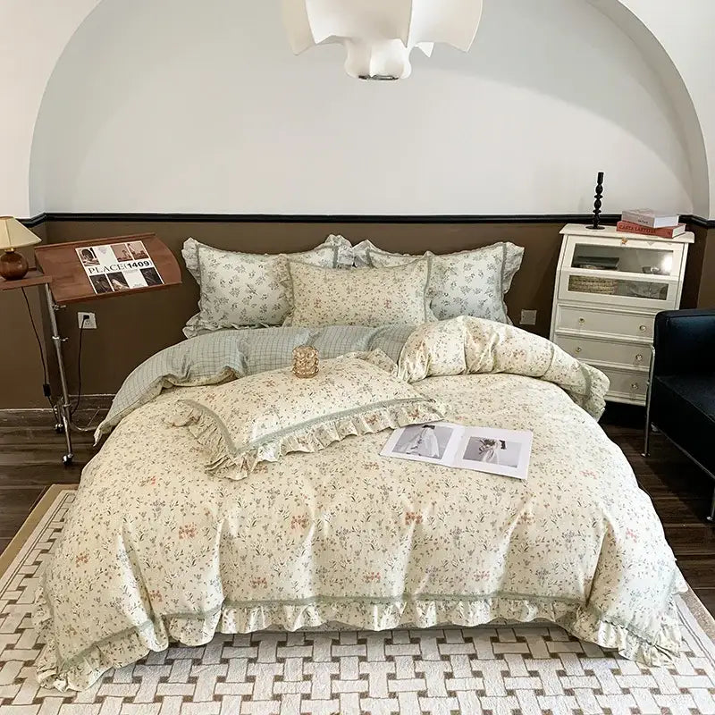 Cream-colored french floral bedding set with delicate ruffled edges and soft textured fabric for decorbites french floral decor