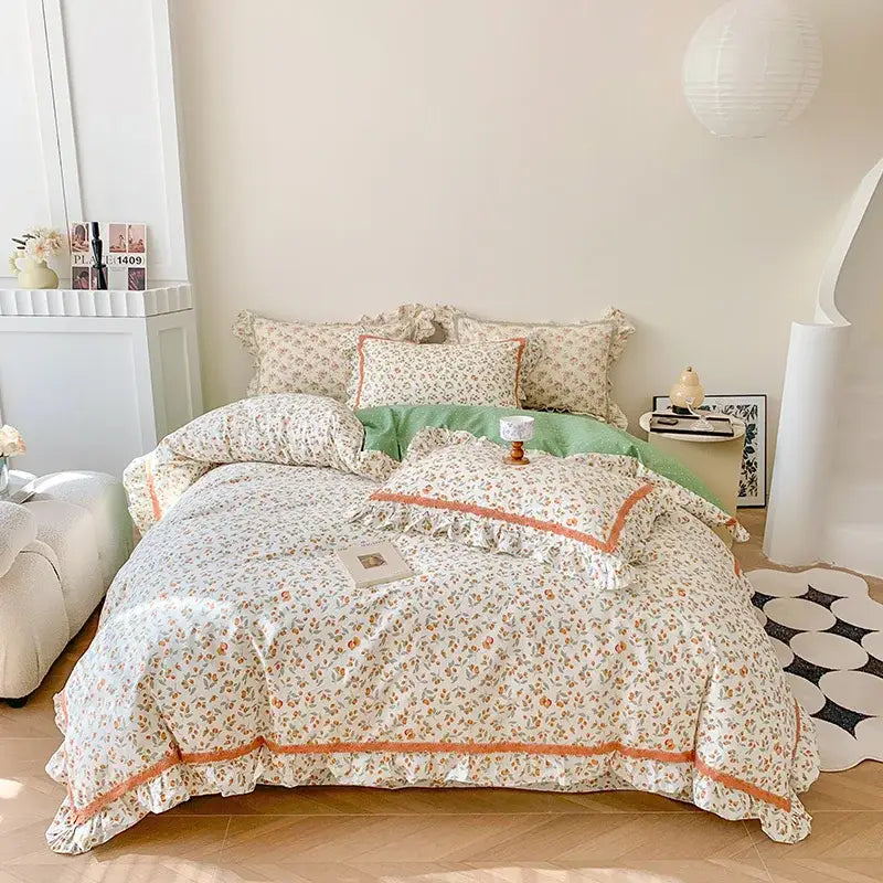Cream-colored french floral bedding set with delicate orange trim and ruffled edges for decorbites french floral decor