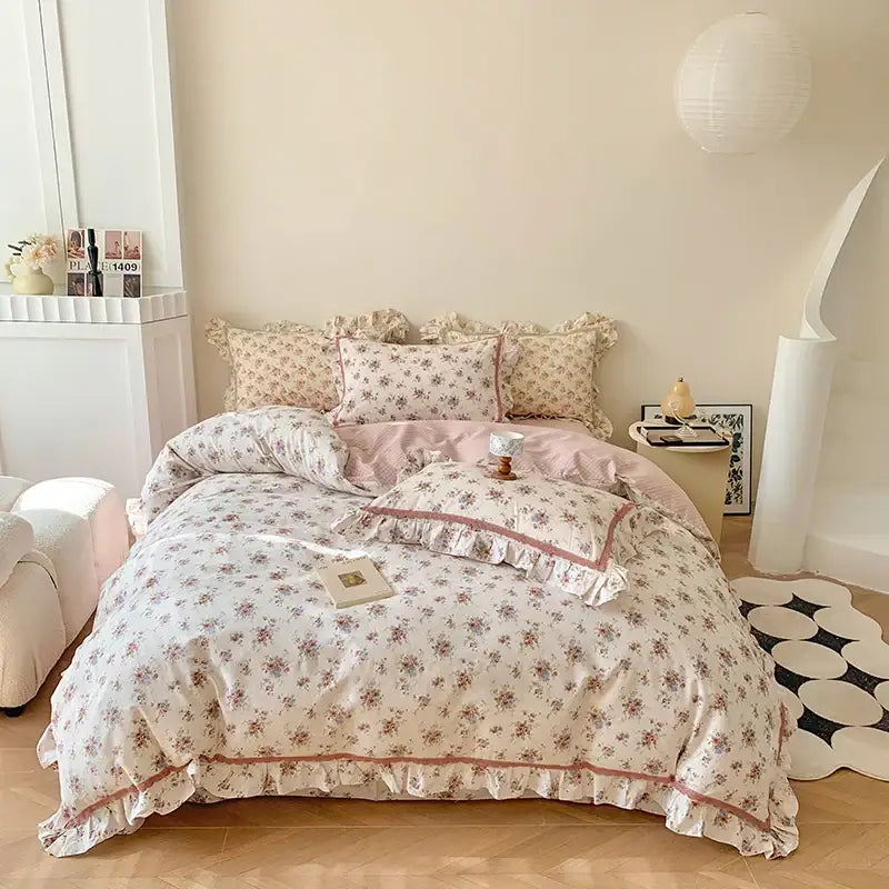 Floral-patterned french floral bedding set with delicate ruffles and soft pink accents for elegant bedroom decorbites decor