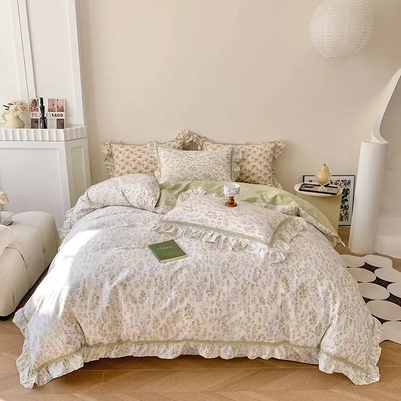 Cream-colored french floral bedding set with delicate ruffled edges and soft green accents for elegant decorbites french floral decor