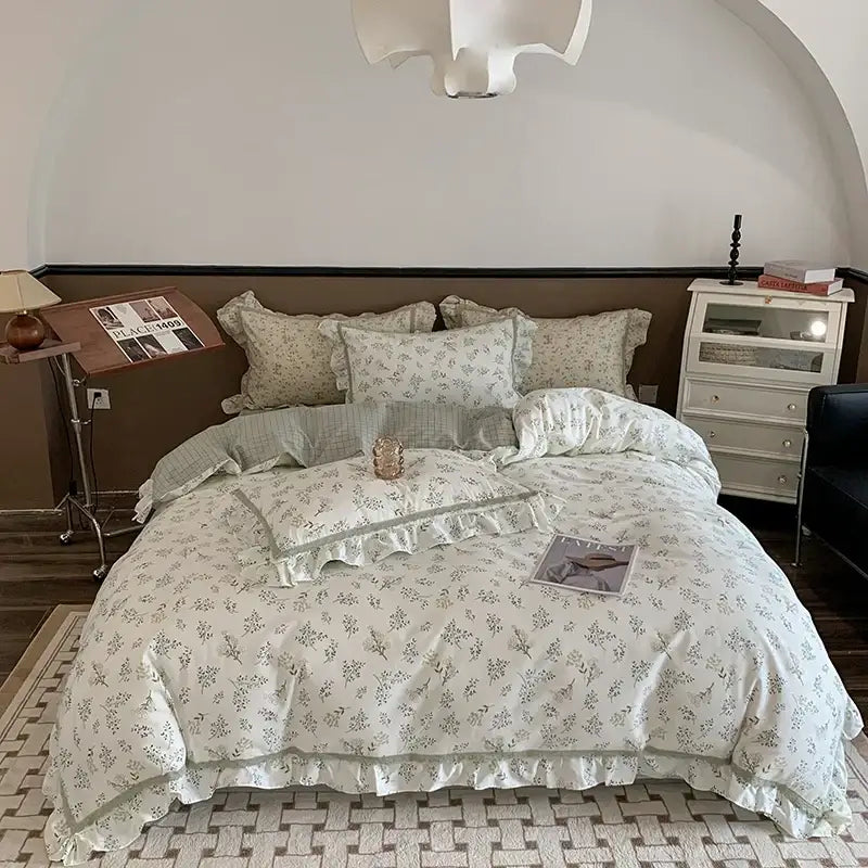 A soft off-white bedding set with green botanical prints and ruffled edges for decorbites french floral decor