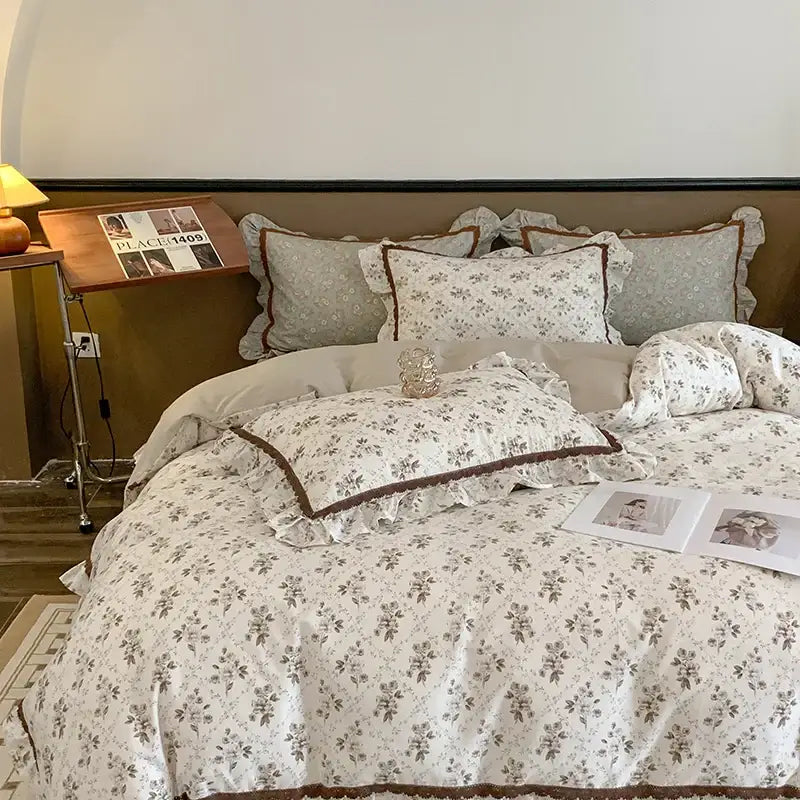 White floral bedding set with brown ruffled trim for decorbites french floral cream and brown bedroom decor