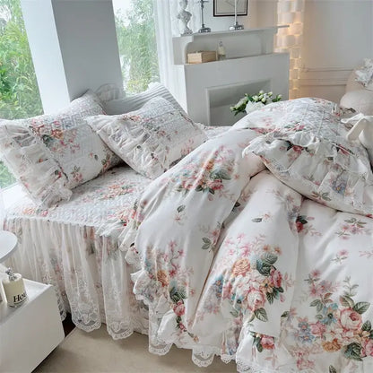 Floral-patterned white bedding set with delicate lace trim and ruffled edges from decorbites french floral print collection