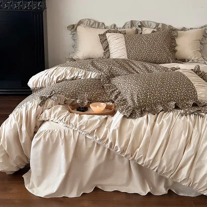 Cream-colored satin ruffled bed skirt with matching floral french floral washed cotton bedding set decorbites beige brown