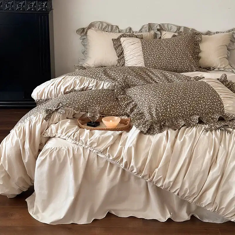 Cream-colored satin ruffled bed skirt with matching floral french floral washed cotton bedding set decorbites beige brown