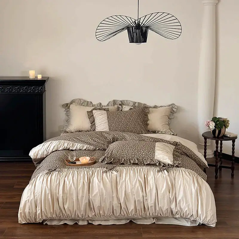 Beige and brown bedding set with ruffles and subtle floral pattern in satin finish from decorbites french floral washed cotton collection