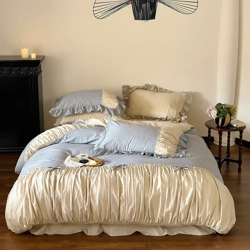 Beige and light blue ruffled bedding set with satin accents in decorbites french floral washed cotton design