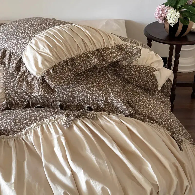 Beige and brown floral ruffled bedding set with satin finish in decorbites french floral washed cotton design