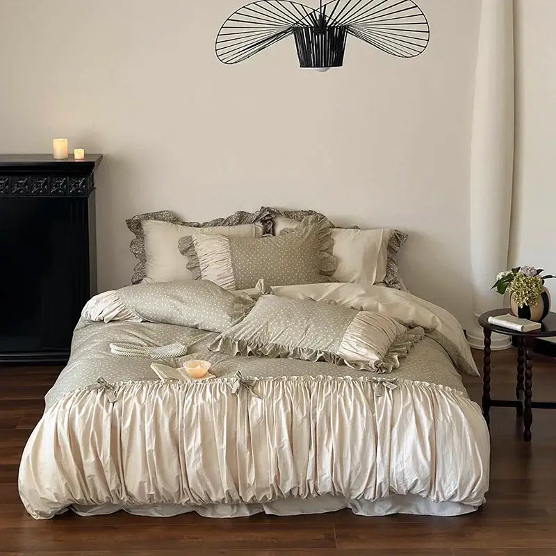 Beige ruffled bedding set with subtle polka dots and satin-like finish decorbites french floral washed cotton design