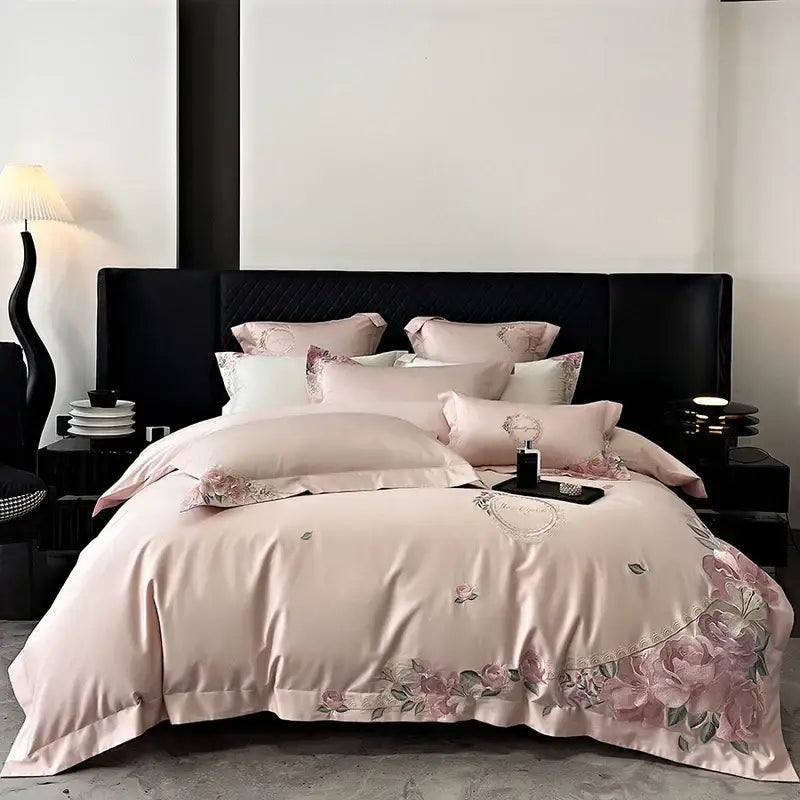 Pink satin bedding set with decorbites french flowers embroidery in cream and pink luxury cotton for bedroom decor