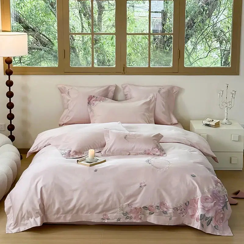 Pink floral embroidered satin bedding set featuring decorbites french flowers embroidery in cream and pink luxury cotton