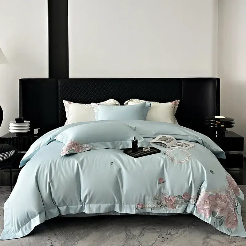 Light blue satin duvet cover with pink floral embroidery and lace trim in decorbites french flowers bedding set cotton luxury