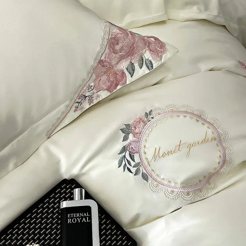 Cream satin pillowcase with delicate pink and gray french flowers embroidery lace trim from decorbites bedding set